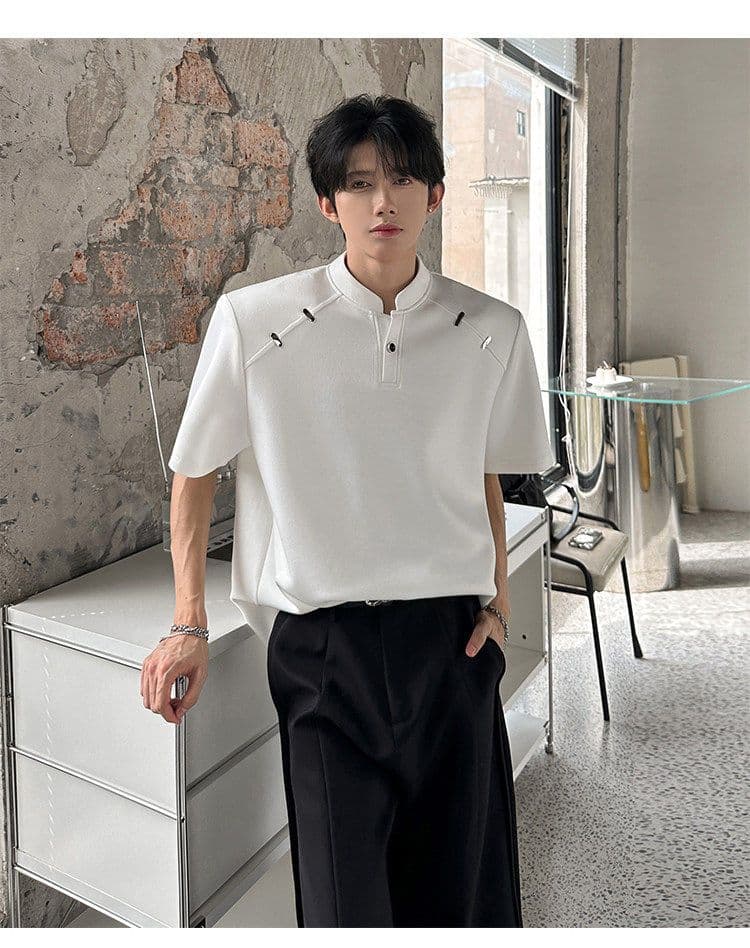 2026 새로운 무거운 벨트 어깨 패드 반팔 티셔츠 헨리 칼라 작은 대중 금속 장식 유입 여름 무거운 작업 동정 상세 이미지 13