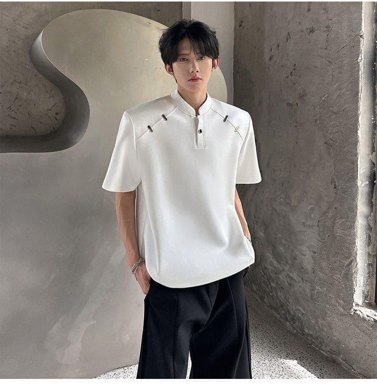 2026 새로운 무거운 벨트 어깨 패드 반팔 티셔츠 헨리 칼라 작은 대중 금속 장식 유입 여름 무거운 작업 동정 상세 이미지 17