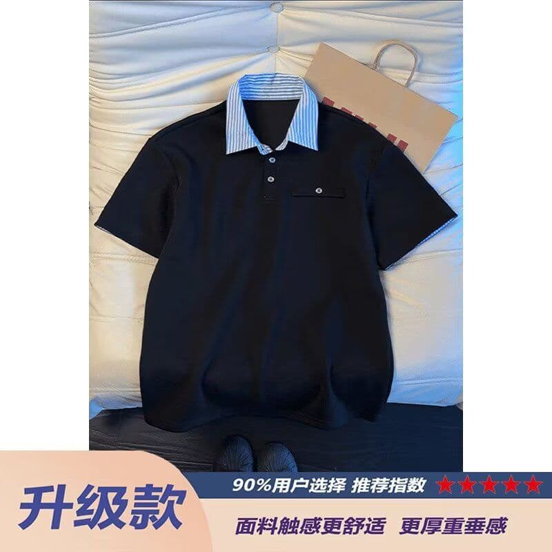 2026 새로운 무거운 여름 체크무늬 POLO 칼라 반팔 티셔츠 남녀 커플 맨위 상세 이미지 3
