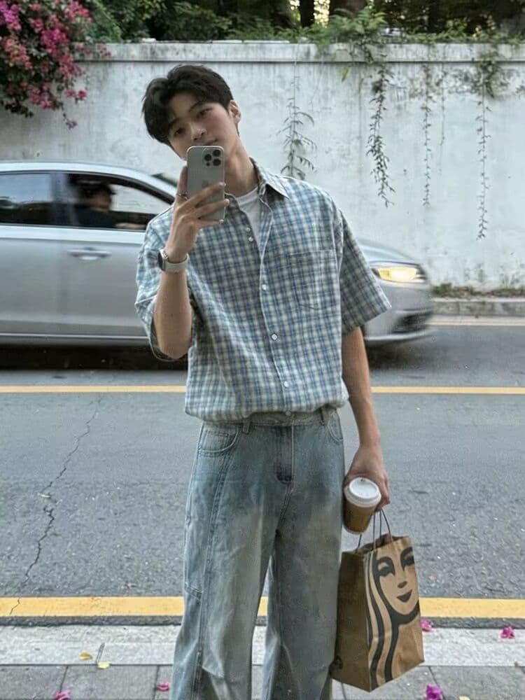 2026 새로운 체크무늬 아메리칸 레트로 셔츠 남자 반팔 여름 캐주얼 셔츠 남자 고급 악당 잘 생긴 재킷 상세 이미지 1