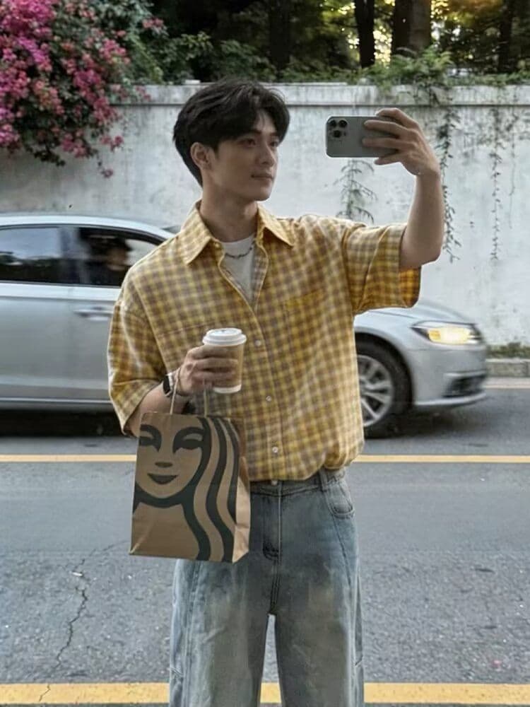 2026 새로운 체크무늬 아메리칸 레트로 셔츠 남자 반팔 여름 캐주얼 셔츠 남자 고급 악당 잘 생긴 재킷 상세 이미지 3
