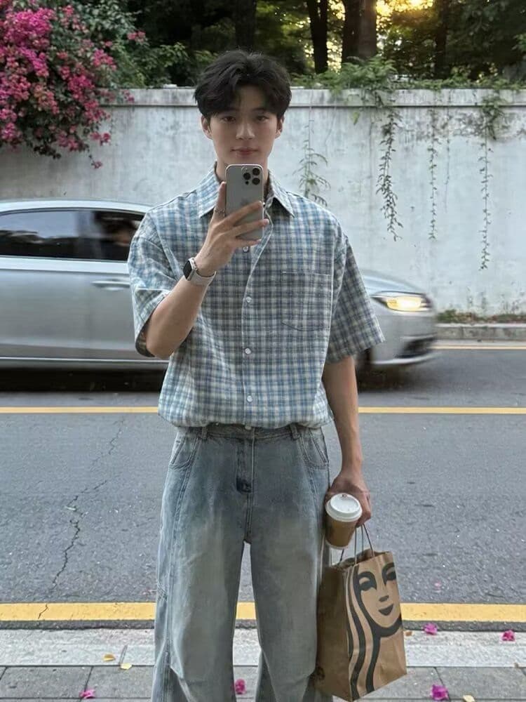 2026 새로운 체크무늬 아메리칸 레트로 셔츠 남자 반팔 여름 캐주얼 셔츠 남자 고급 악당 잘 생긴 재킷 상세 이미지 4