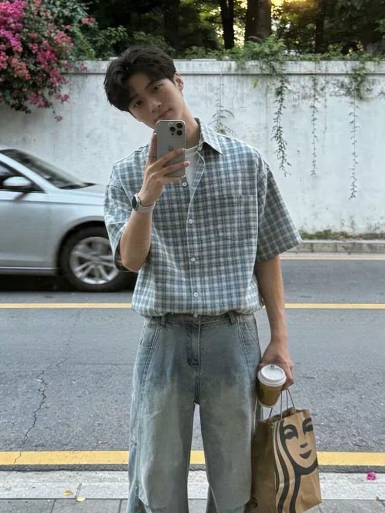 2026 새로운 체크무늬 아메리칸 레트로 셔츠 남자 반팔 여름 캐주얼 셔츠 남자 고급 악당 잘 생긴 재킷 상세 이미지 5