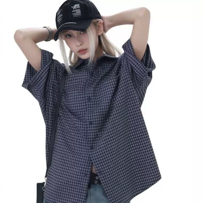 격자 무늬 셔츠 넥 더럽다 편리한 고급 센스 좋은 체크무늬 반팔 남녀 여름 아메리칸 레트로 vintage 셔츠 이미지 3