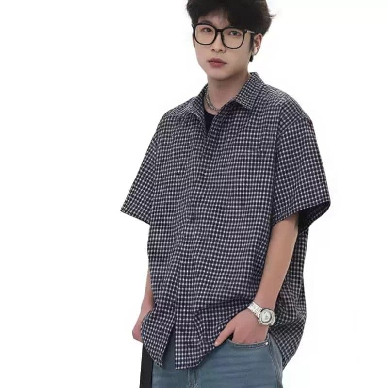 격자 무늬 셔츠 넥 더럽다 편리한 고급 센스 좋은 체크무늬 반팔 남녀 여름 아메리칸 레트로 vintage 셔츠 상세 이미지 3
