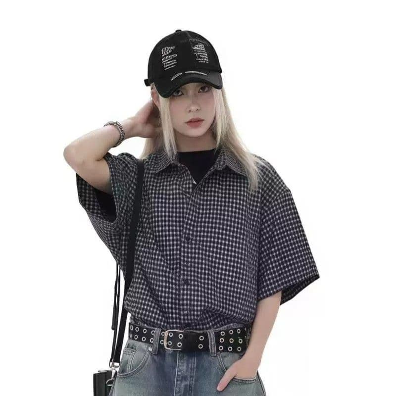 격자 무늬 셔츠 넥 더럽다 편리한 고급 센스 좋은 체크무늬 반팔 남녀 여름 아메리칸 레트로 vintage 셔츠 상세 이미지 4