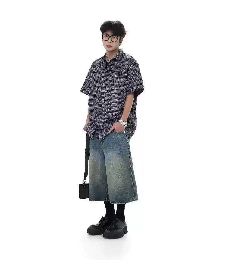 격자 무늬 셔츠 넥 더럽다 편리한 고급 센스 좋은 체크무늬 반팔 남녀 여름 아메리칸 레트로 vintage 셔츠 상세 이미지 5