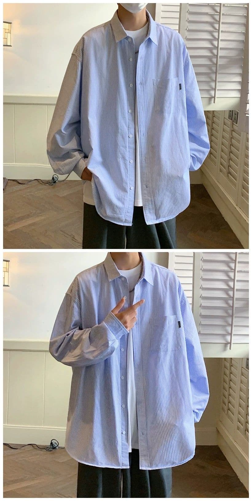 2026 일본식 클래식 블루 스트라이프 긴팔 셔츠 남녀 봄 여름 다용도 루즈핏 폴로 칼라 캐주얼 셔츠 재킷 트렌디 상세 이미지 6