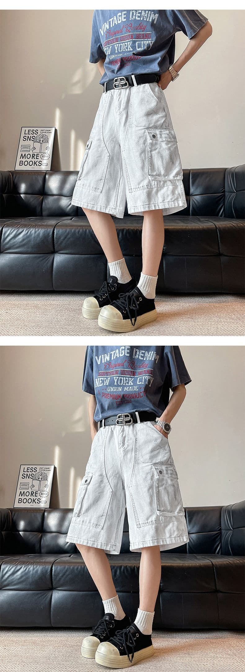 아메리칸 국가 트렌디 높음 거리 마 더러운 워크웨어 데님 오부 바지 남자 여름 새로운 작은 대중 조수 브랜드 루즈핏 스트레이트 반바지 상세 이미지 3
