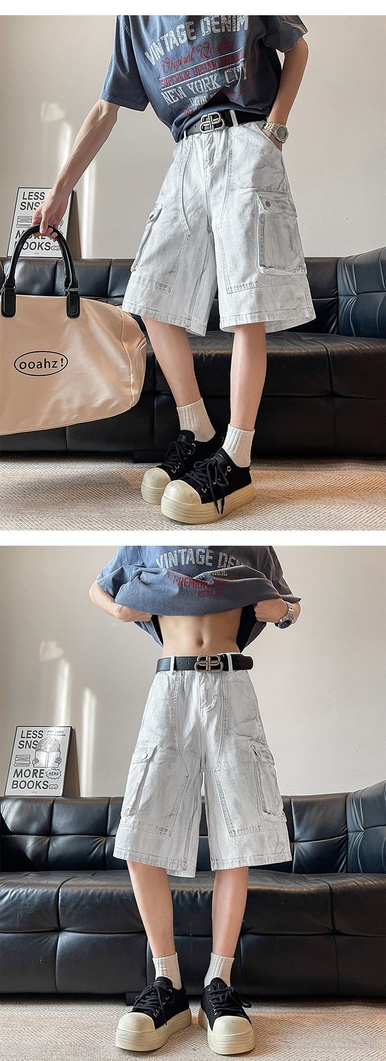 아메리칸 국가 트렌디 높음 거리 마 더러운 워크웨어 데님 오부 바지 남자 여름 새로운 작은 대중 조수 브랜드 루즈핏 스트레이트 반바지 상세 이미지 5