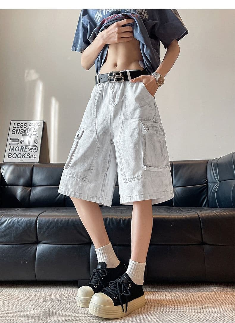 아메리칸 국가 트렌디 높음 거리 마 더러운 워크웨어 데님 오부 바지 남자 여름 새로운 작은 대중 조수 브랜드 루즈핏 스트레이트 반바지 상세 이미지 6
