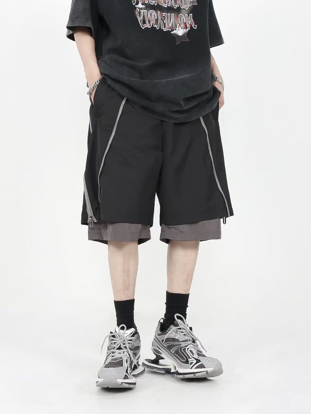 2026 새로운 페이크 레이어드 남자 도로 반바지 여름 루즈핏 스트레이트 캐주얼 5 점 바지 지퍼 요금 바지 상세 이미지 1