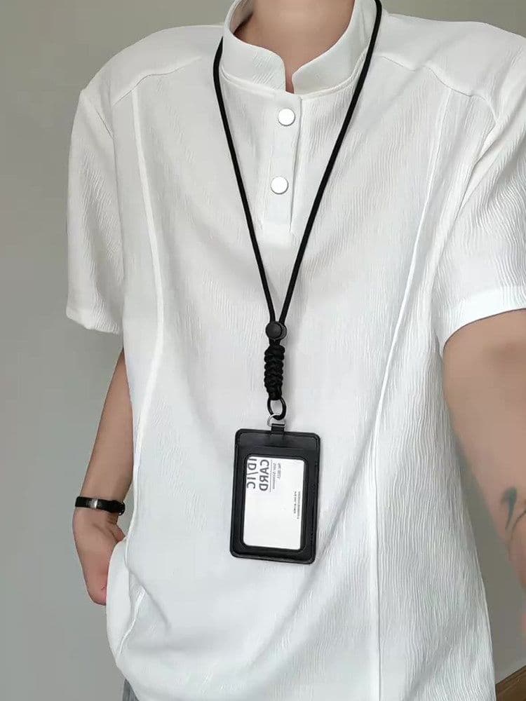 2026 새로운 나무 껍질 곡물 질감 센스 아메리칸 헨리 칼라 반팔 POLO 셔츠 남자 여름 차가운 센스 긍정적 인 어깨 티셔츠
