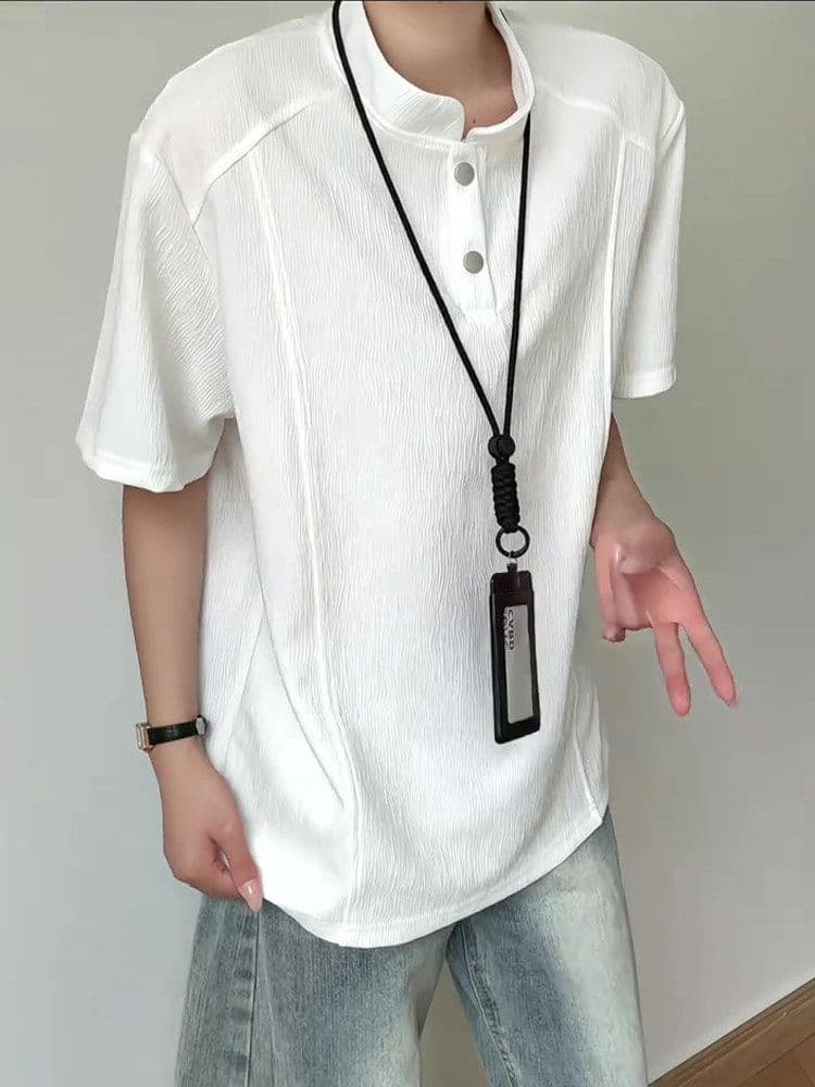 2026 새로운 나무 껍질 곡물 질감 센스 아메리칸 헨리 칼라 반팔 POLO 셔츠 남자 여름 차가운 센스 긍정적 인 어깨 티셔츠 이미지 3