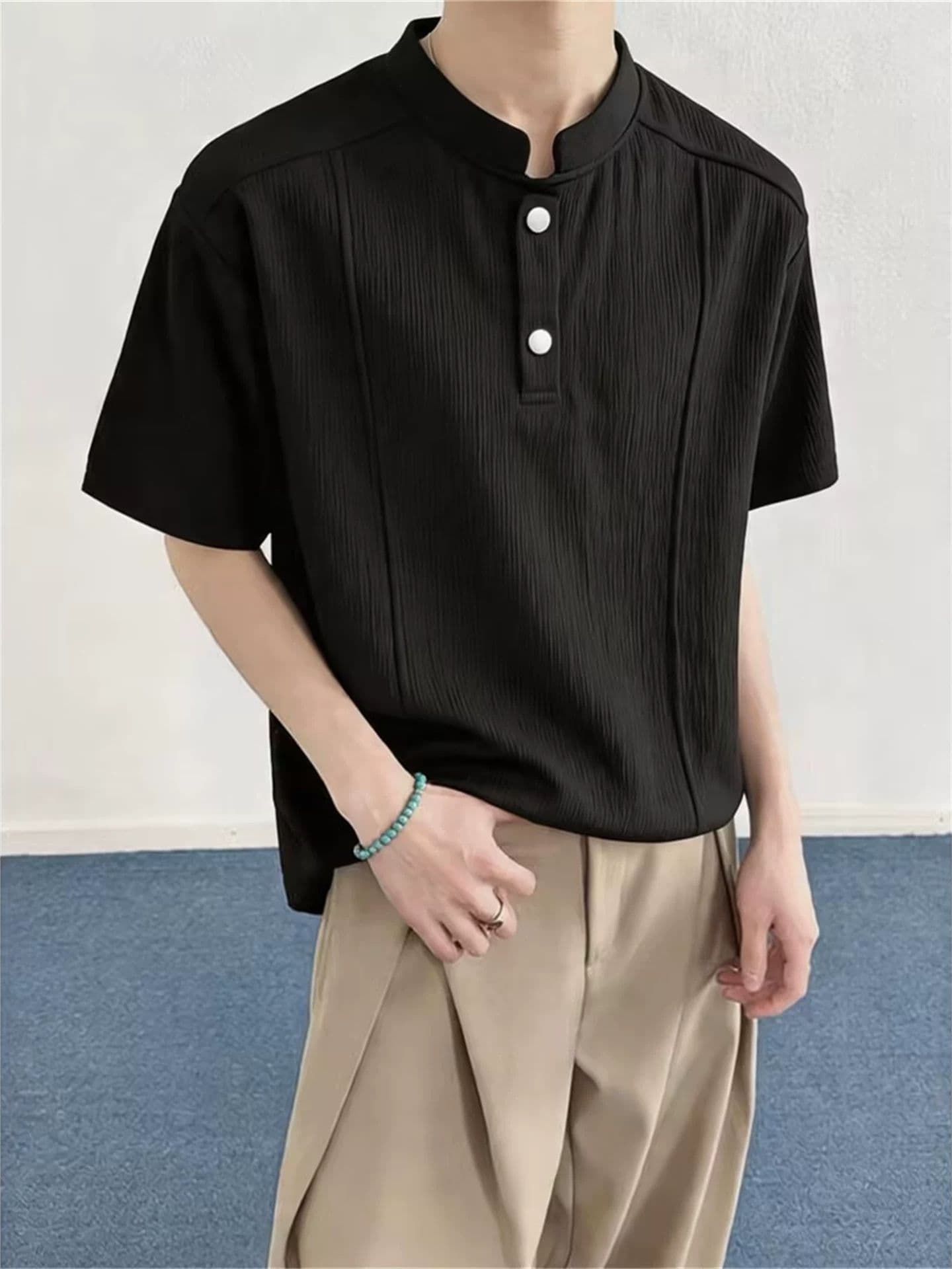 2026 새로운 나무 껍질 곡물 질감 센스 아메리칸 헨리 칼라 반팔 POLO 셔츠 남자 여름 차가운 센스 긍정적 인 어깨 티셔츠 이미지 4