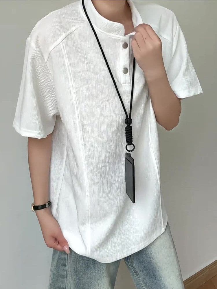 2026 새로운 나무 껍질 곡물 질감 센스 아메리칸 헨리 칼라 반팔 POLO 셔츠 남자 여름 차가운 센스 긍정적 인 어깨 티셔츠 상세 이미지 4