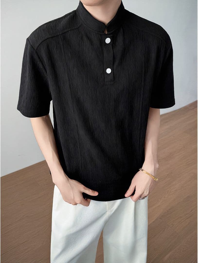 2026 새로운 나무 껍질 곡물 질감 센스 아메리칸 헨리 칼라 반팔 POLO 셔츠 남자 여름 차가운 센스 긍정적 인 어깨 티셔츠 상세 이미지 15