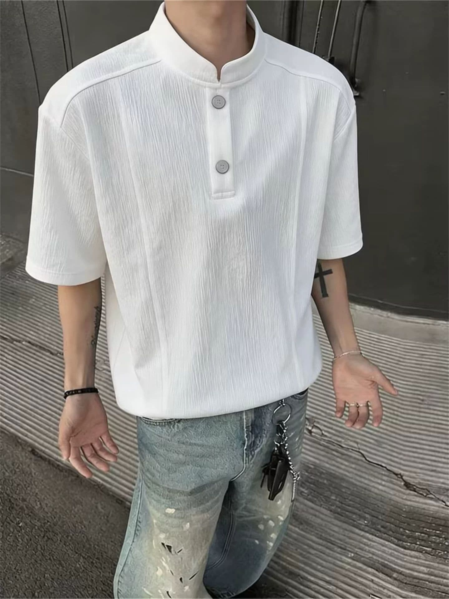 2026 새로운 나무 껍질 곡물 질감 센스 아메리칸 헨리 칼라 반팔 POLO 셔츠 남자 여름 차가운 센스 긍정적 인 어깨 티셔츠 상세 이미지 17