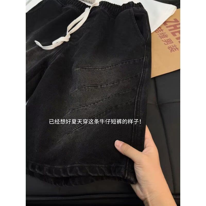 2026 새로운 조수 브랜드 펌프 로프 허리밴드 워싱 데님 반바지 남녀 레트로 여름 루즈핏 다용도 오부 바지 상세 이미지 2