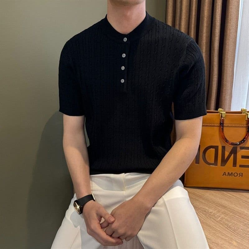 빛 요리 한 바람 여름 아메리칸 캐주얼 헨리 칼라 니트 스웨터 남자 꽈배기 질감 레트로 몸매 가꾸기 신축성 반팔 티셔츠 이미지 2