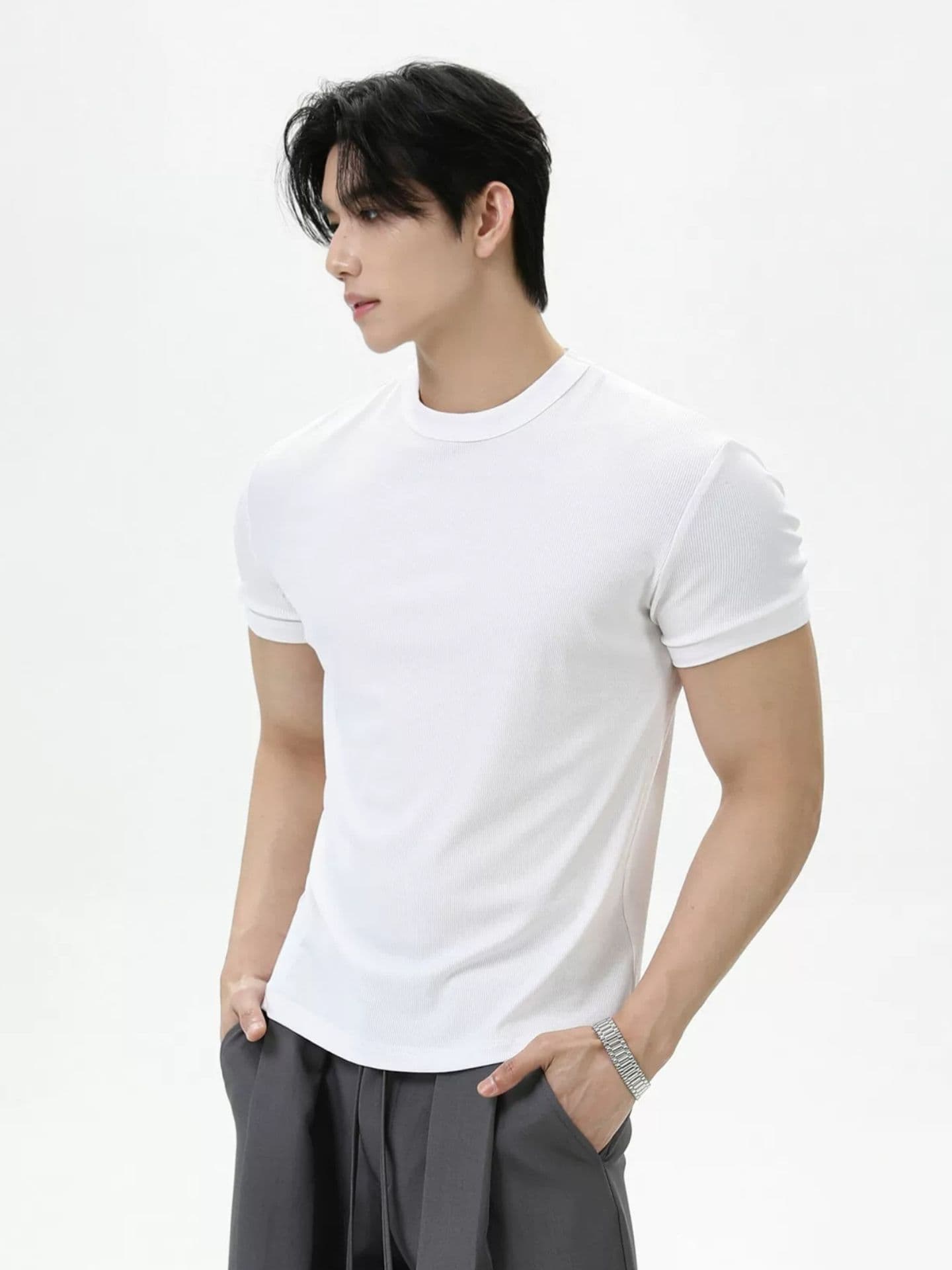 2026 새로운 무거운 여름 디스플레이 건장하다 증가 어깨 와이드 긍정적 인 어깨 라운드 넥 단색 반팔 통기성 캐주얼 피트니스 티셔츠 이미지 3