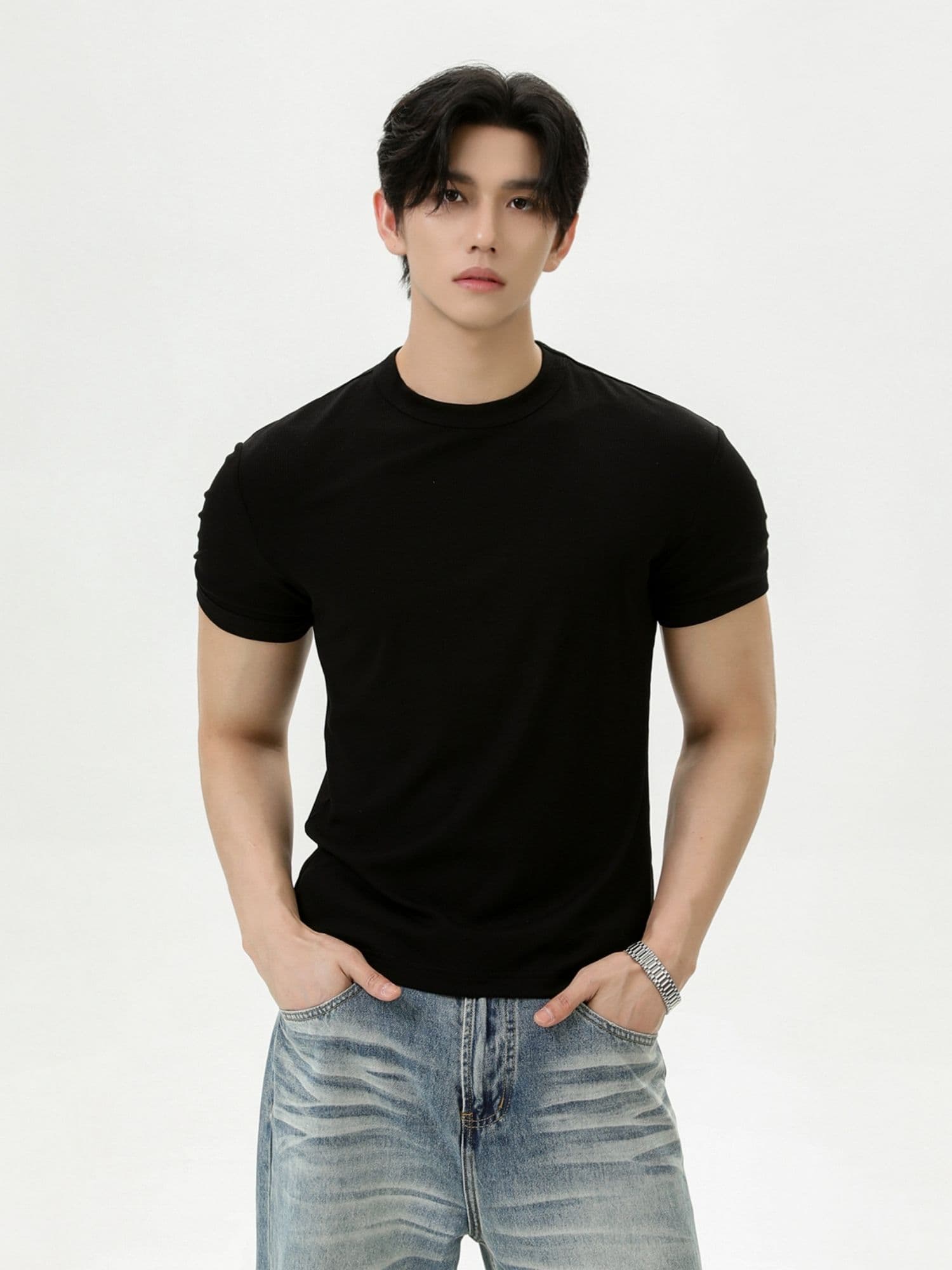 2026 새로운 무거운 여름 디스플레이 건장하다 증가 어깨 와이드 긍정적 인 어깨 라운드 넥 단색 반팔 통기성 캐주얼 피트니스 티셔츠 이미지 4