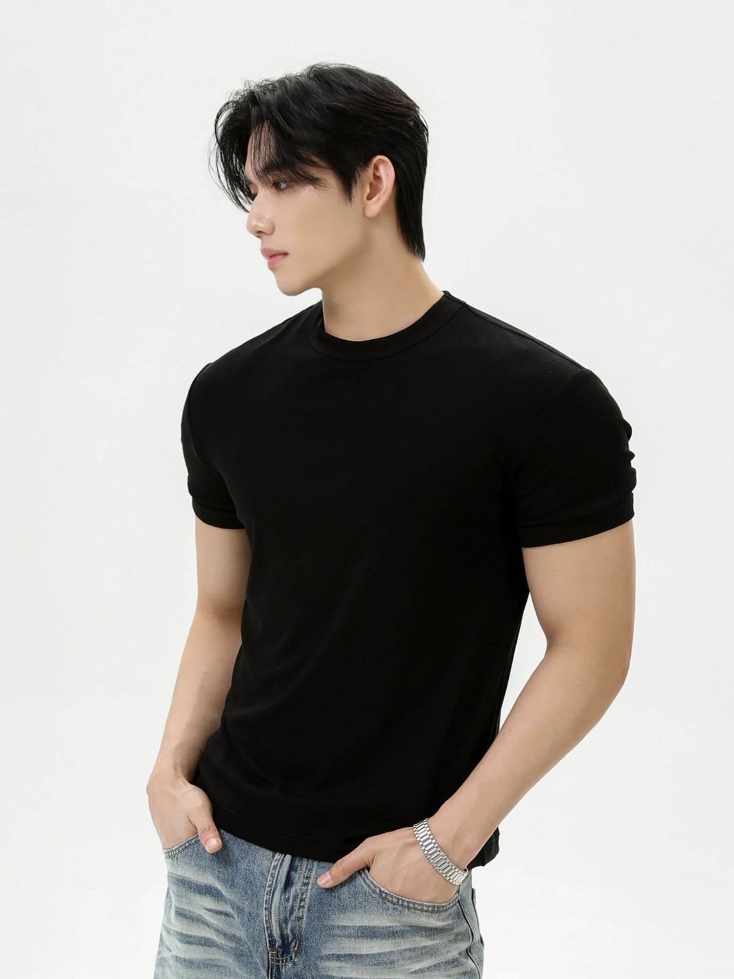 2026 새로운 무거운 여름 디스플레이 건장하다 증가 어깨 와이드 긍정적 인 어깨 라운드 넥 단색 반팔 통기성 캐주얼 피트니스 티셔츠 이미지 2