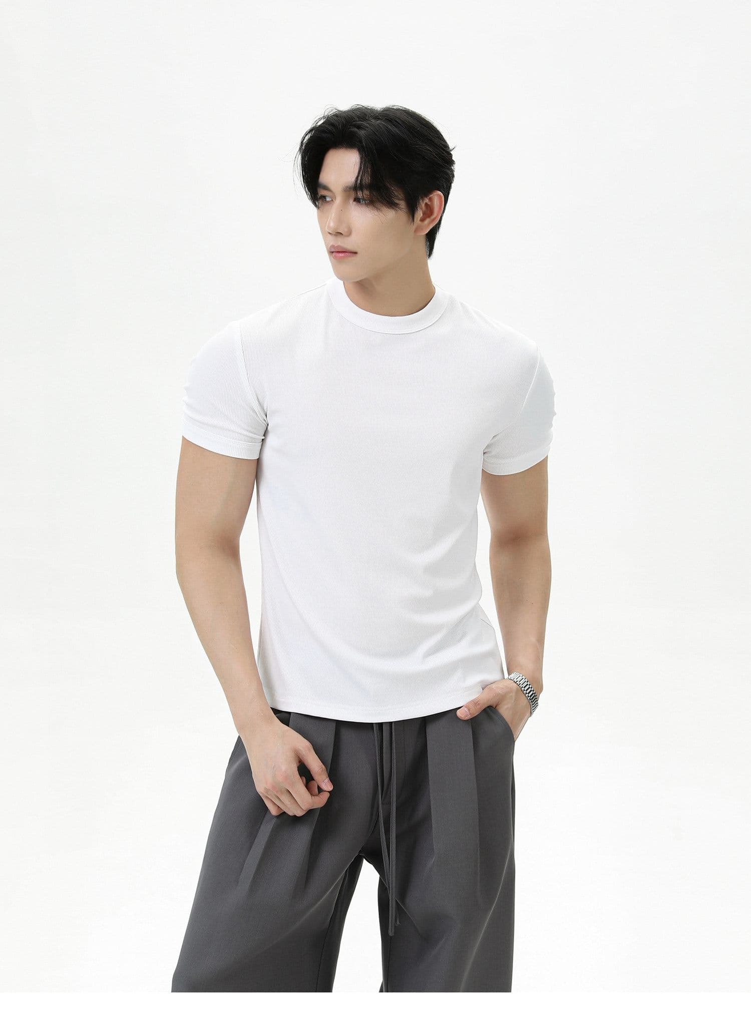2026 새로운 무거운 여름 디스플레이 건장하다 증가 어깨 와이드 긍정적 인 어깨 라운드 넥 단색 반팔 통기성 캐주얼 피트니스 티셔츠 상세 이미지 6