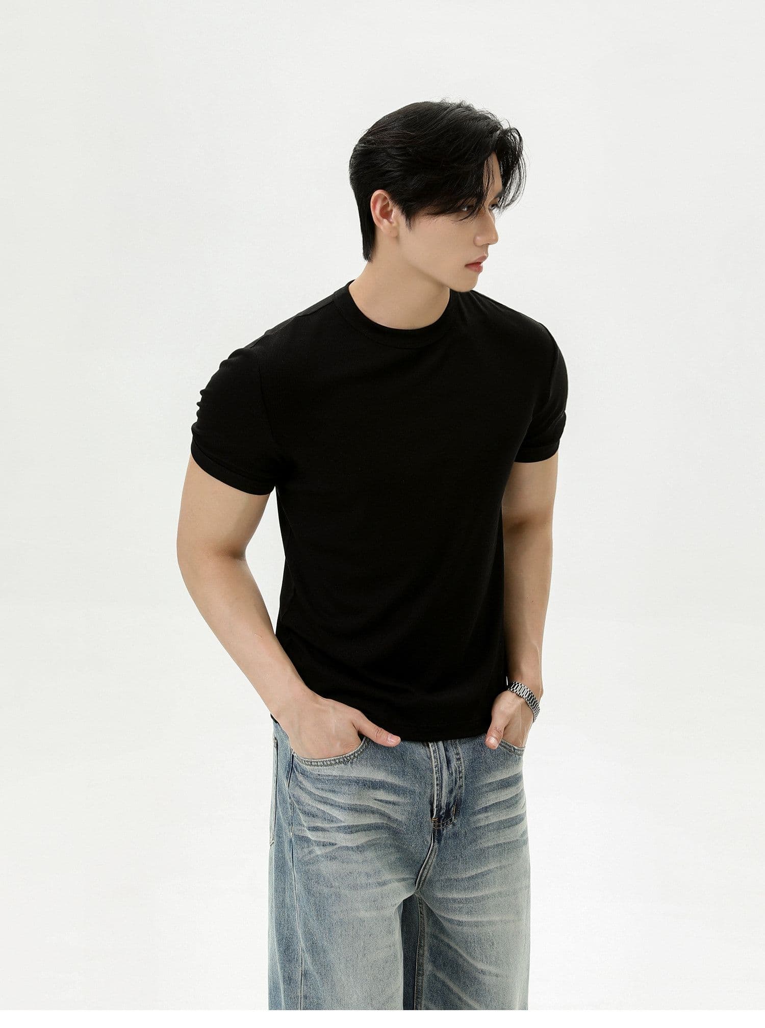 2026 새로운 무거운 여름 디스플레이 건장하다 증가 어깨 와이드 긍정적 인 어깨 라운드 넥 단색 반팔 통기성 캐주얼 피트니스 티셔츠 상세 이미지 13
