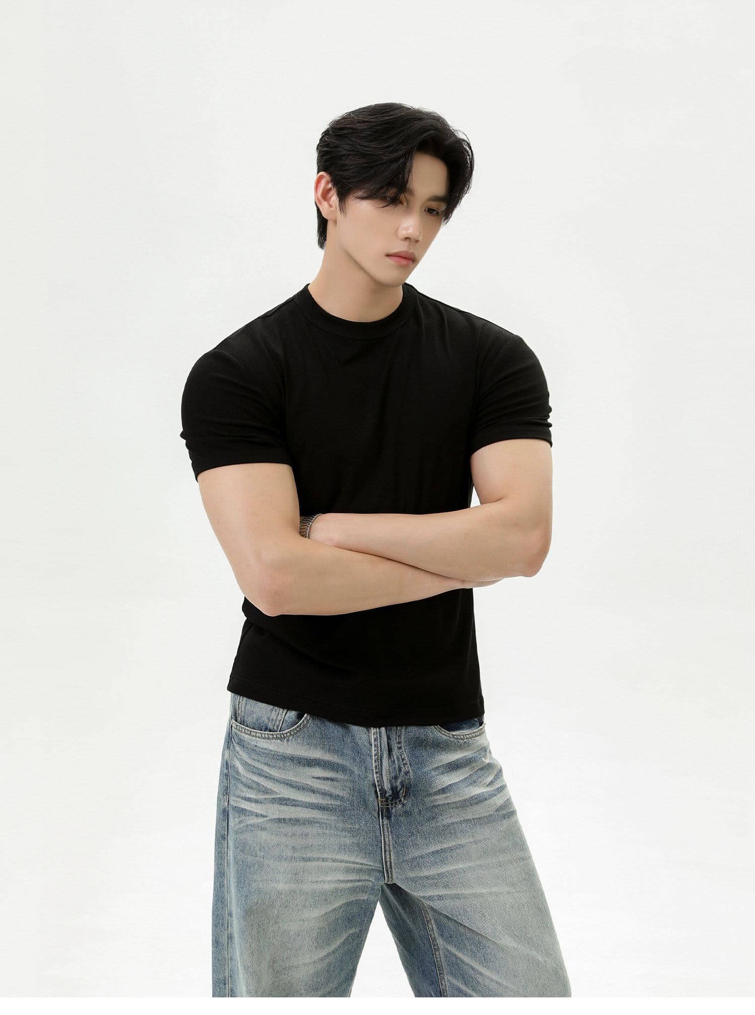 2026 새로운 무거운 여름 디스플레이 건장하다 증가 어깨 와이드 긍정적 인 어깨 라운드 넥 단색 반팔 통기성 캐주얼 피트니스 티셔츠 상세 이미지 14