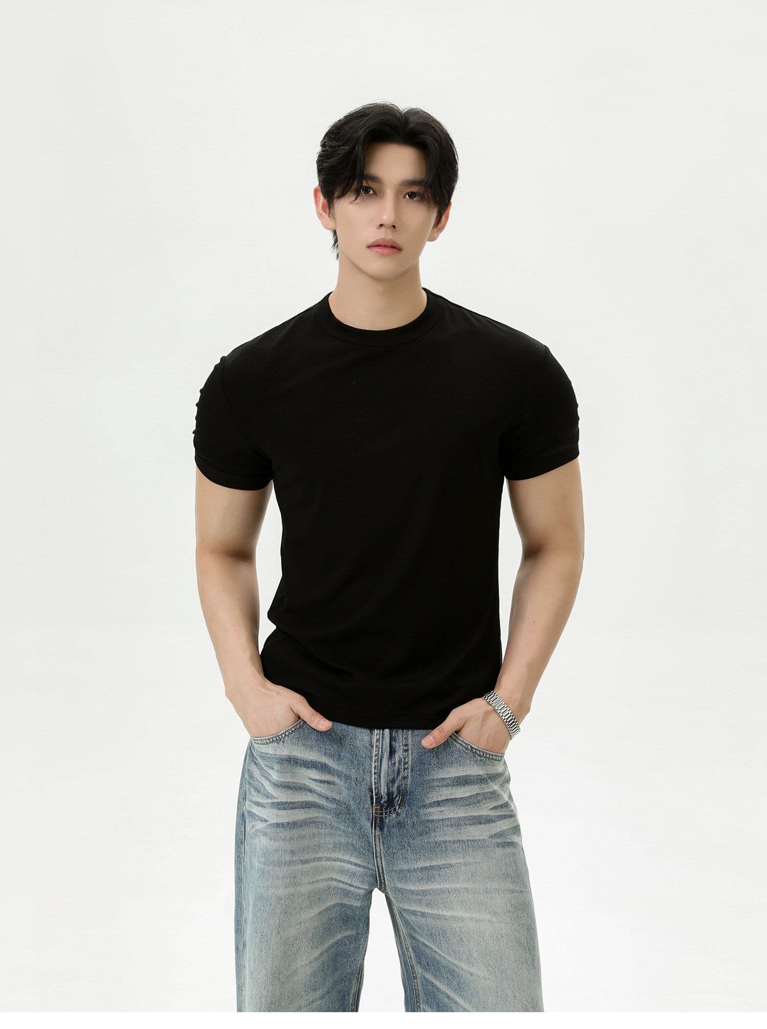 2026 새로운 무거운 여름 디스플레이 건장하다 증가 어깨 와이드 긍정적 인 어깨 라운드 넥 단색 반팔 통기성 캐주얼 피트니스 티셔츠 상세 이미지 15