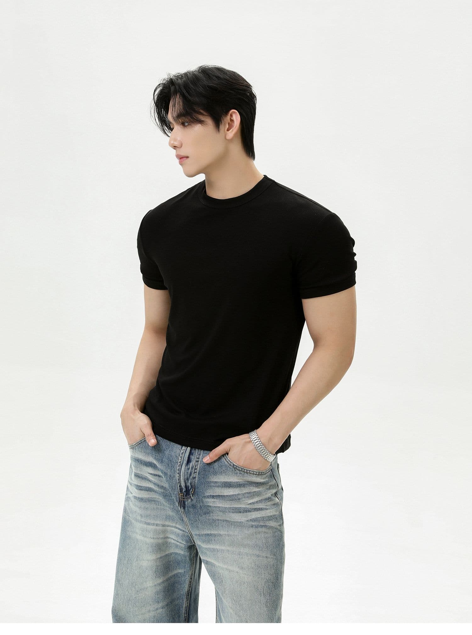 2026 새로운 무거운 여름 디스플레이 건장하다 증가 어깨 와이드 긍정적 인 어깨 라운드 넥 단색 반팔 통기성 캐주얼 피트니스 티셔츠 상세 이미지 16