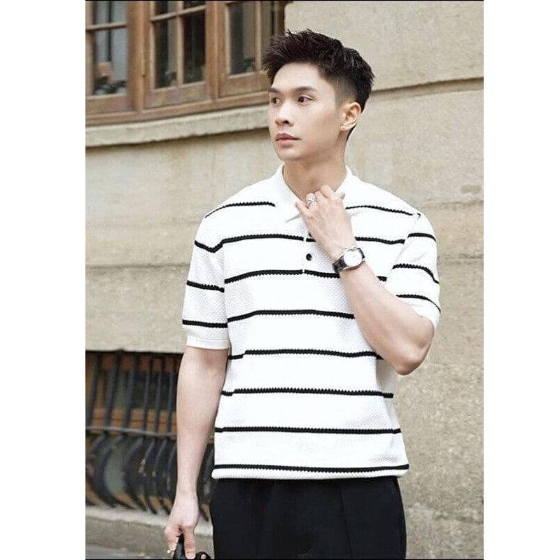 유럽과 미국 빛 럭셔리 니트 스트라이프 반팔 POLO 셔츠 남성 여름 빛 직장 착용 가져 가라. 고급 캐주얼 반소매 동정