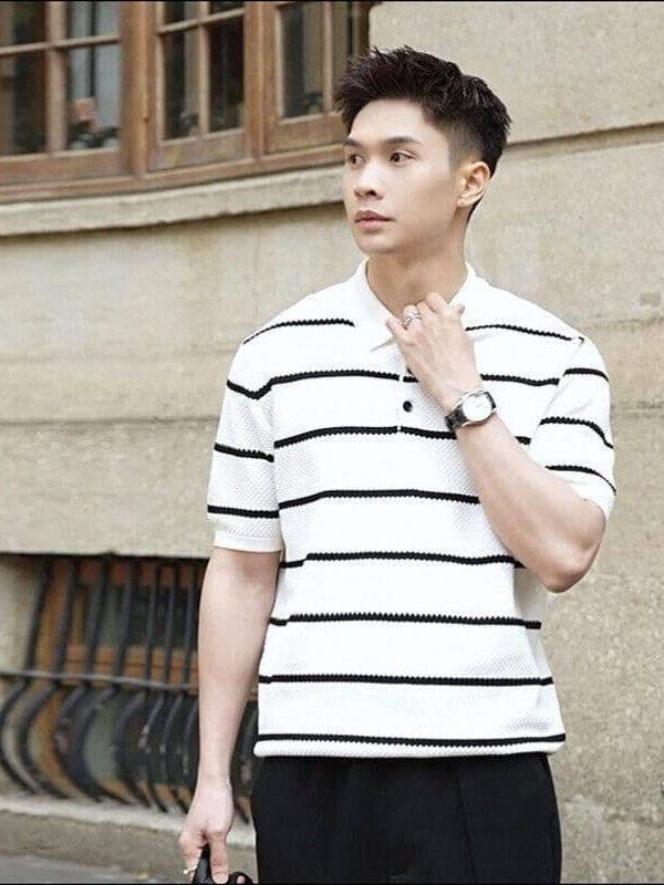 유럽과 미국 빛 럭셔리 니트 스트라이프 반팔 POLO 셔츠 남성 여름 빛 직장 착용 가져 가라. 고급 캐주얼 반소매 동정 상세 이미지 10