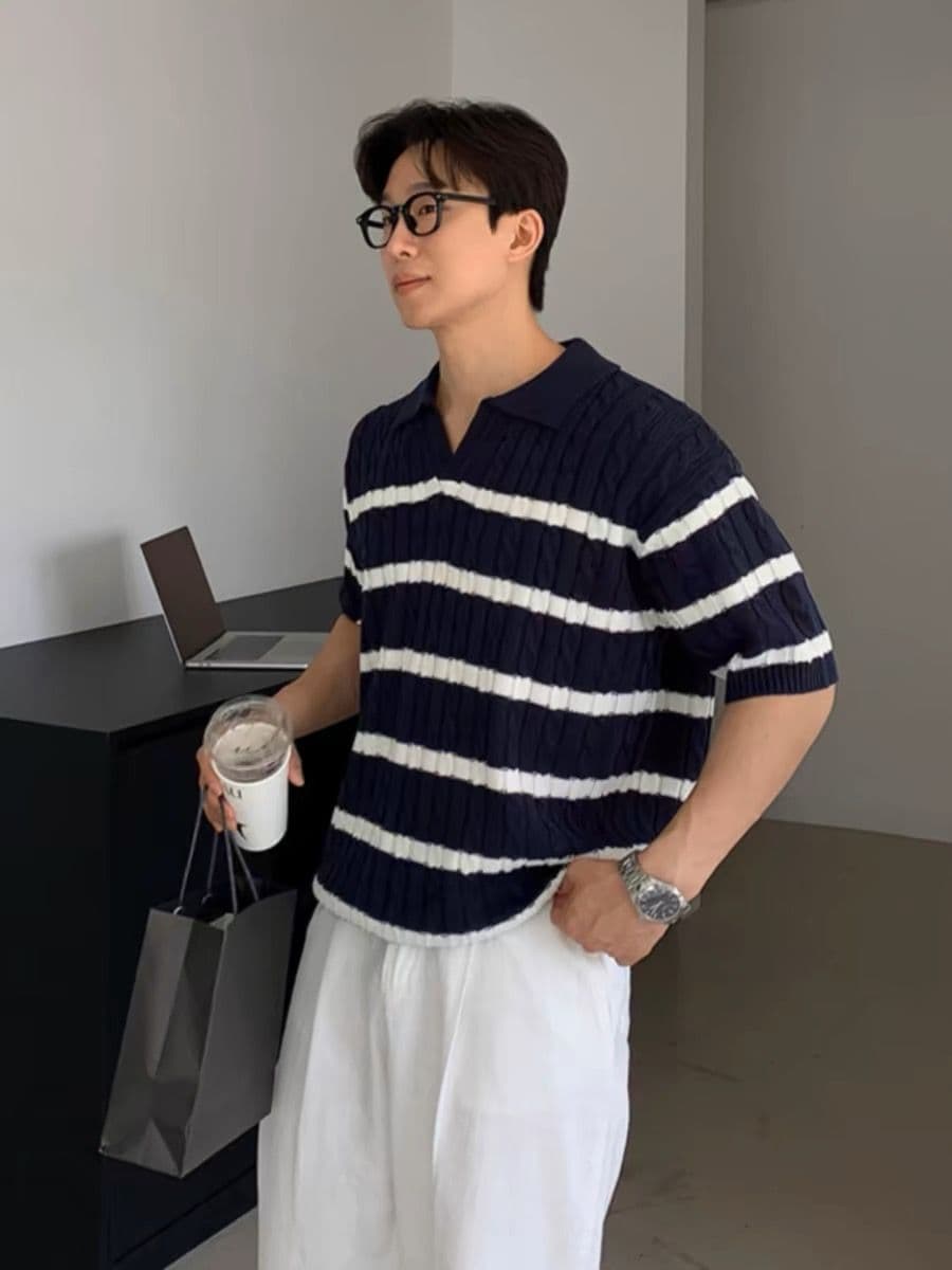 여름 블루 화이트 폴로 칼라 POLO 셔츠 반팔 니트 스웨터 남자 루즈핏 아메리칸 신축성 티셔츠 종류 남자 한국 동대문