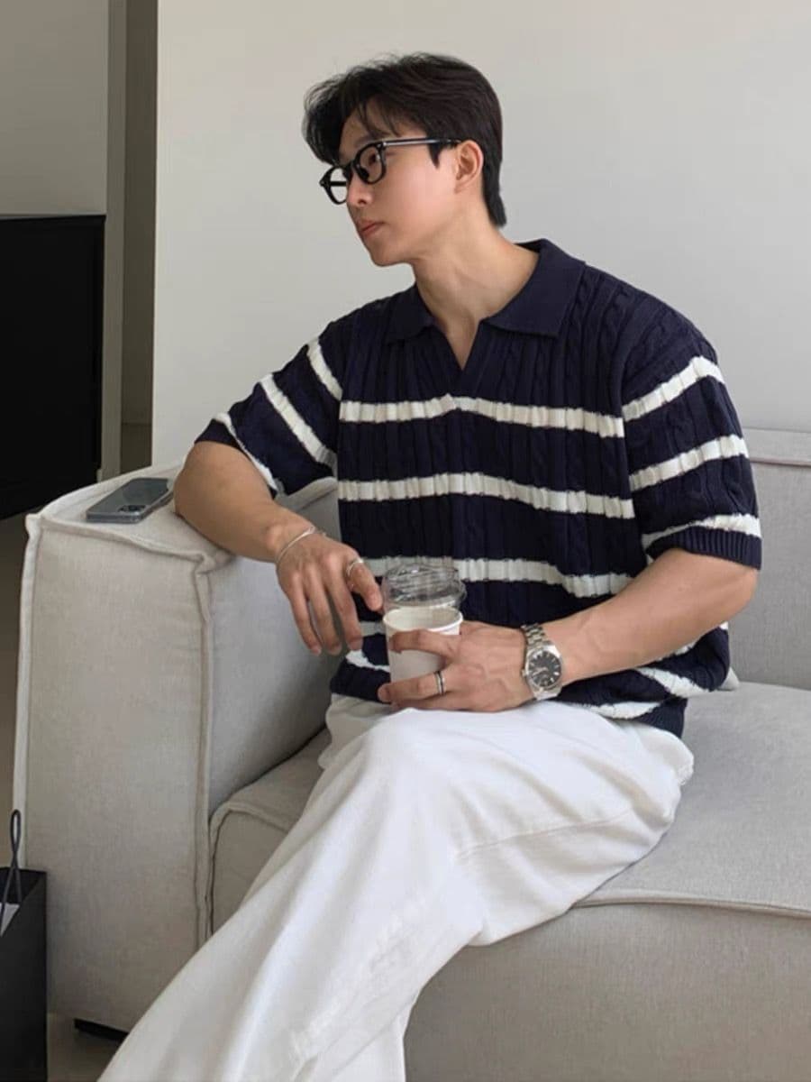 여름 블루 화이트 폴로 칼라 POLO 셔츠 반팔 니트 스웨터 남자 루즈핏 아메리칸 신축성 티셔츠 종류 남자 한국 동대문 이미지 3