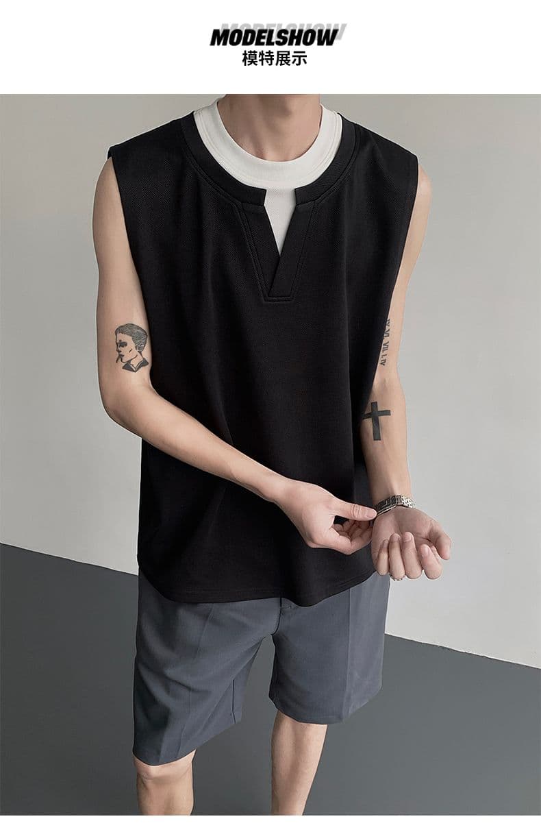 2026 새로운 무거운 여름 페이크 레이어드 배색 패치워크 운동 조끼 남자 민소매 티셔츠 상세 이미지 4