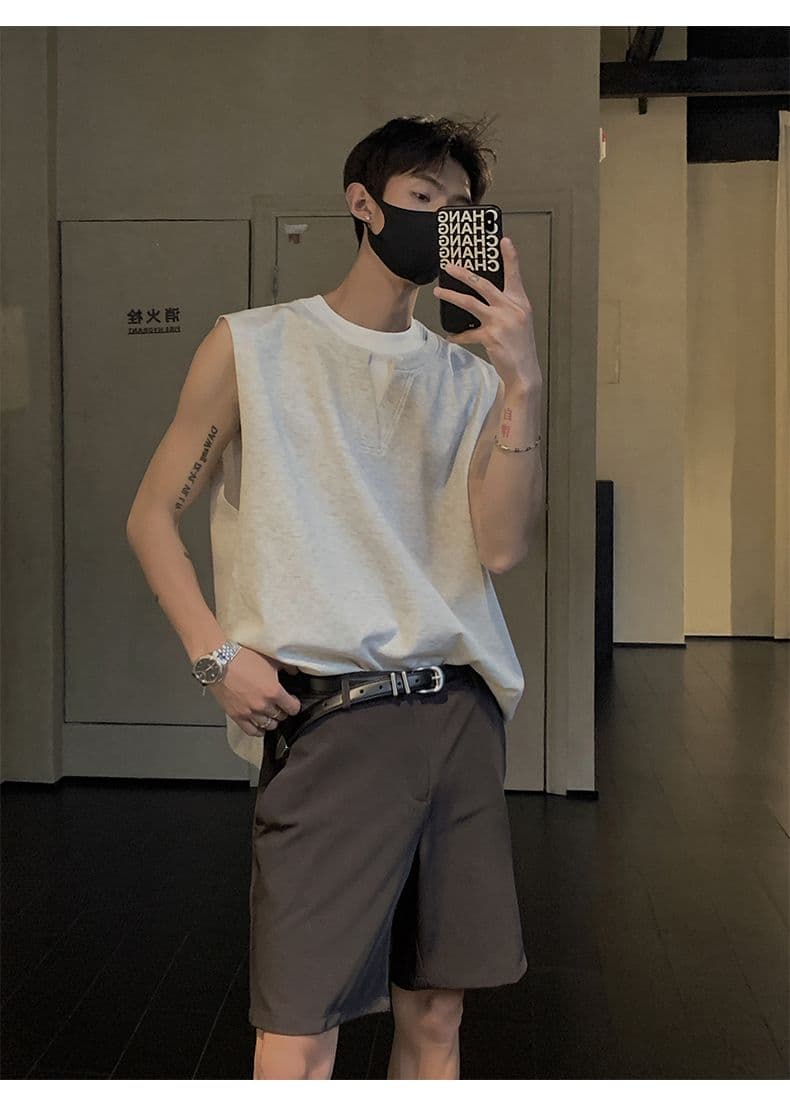 2026 새로운 무거운 여름 페이크 레이어드 배색 패치워크 운동 조끼 남자 민소매 티셔츠 상세 이미지 14