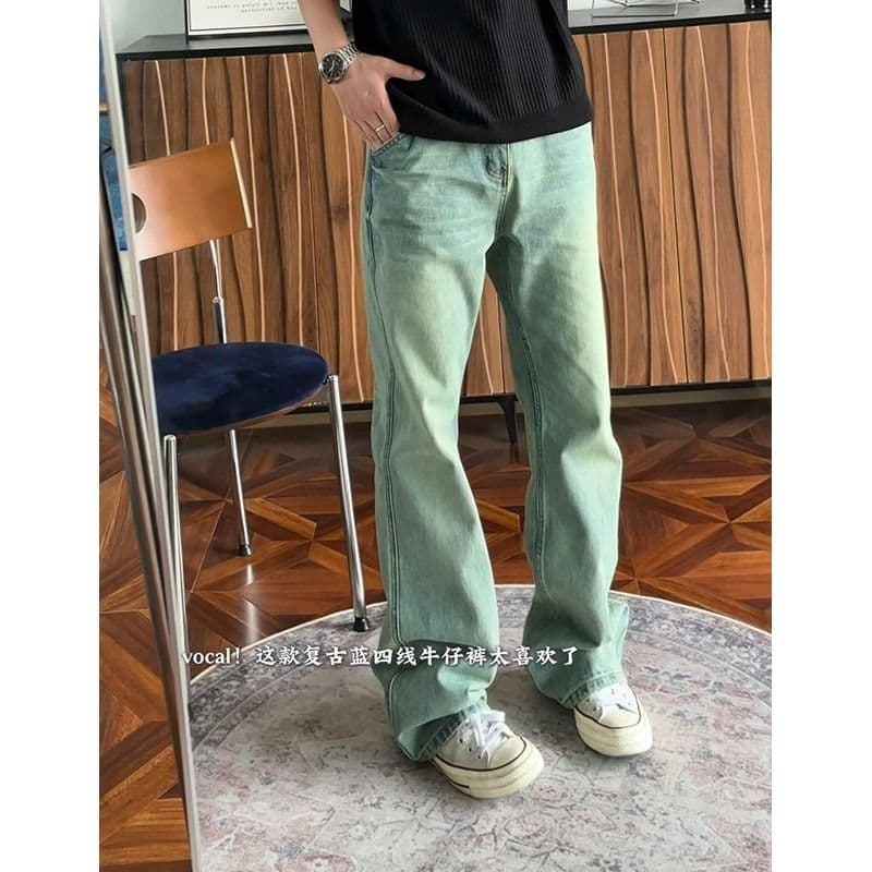 2026 새로운 레트로 블루 워싱 4 선 자수 청바지 남자 여름 아메리칸 높음 거리 스트레이트 부츠컷 모통이 칼 바지 이미지 2
