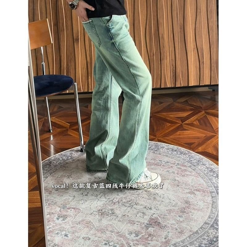 2026 새로운 레트로 블루 워싱 4 선 자수 청바지 남자 여름 아메리칸 높음 거리 스트레이트 부츠컷 모통이 칼 바지 상세 이미지 2