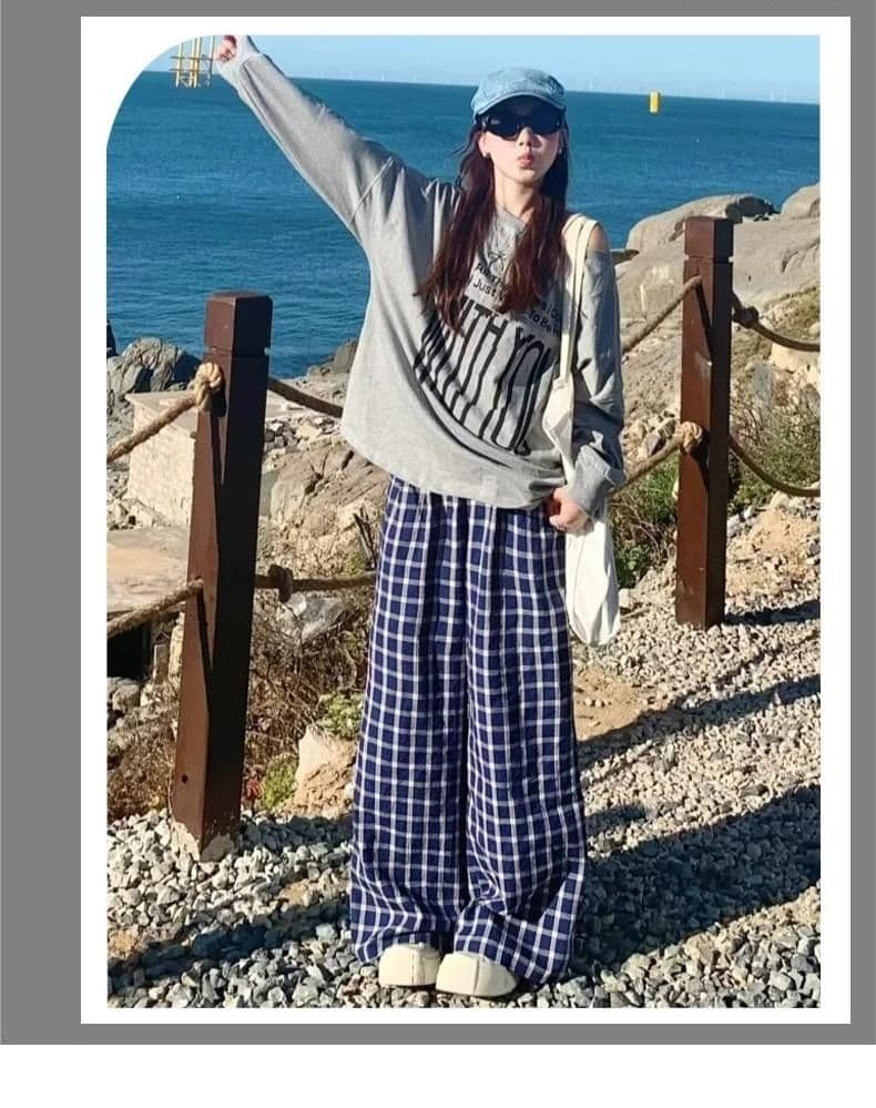 2026 새로운 체크무늬 넓은 다리 스트레이트 팬츠 남자 여름 얇은 스타일 루즈핏 다용도 체크무늬 캐주얼 바지 상세 이미지 4