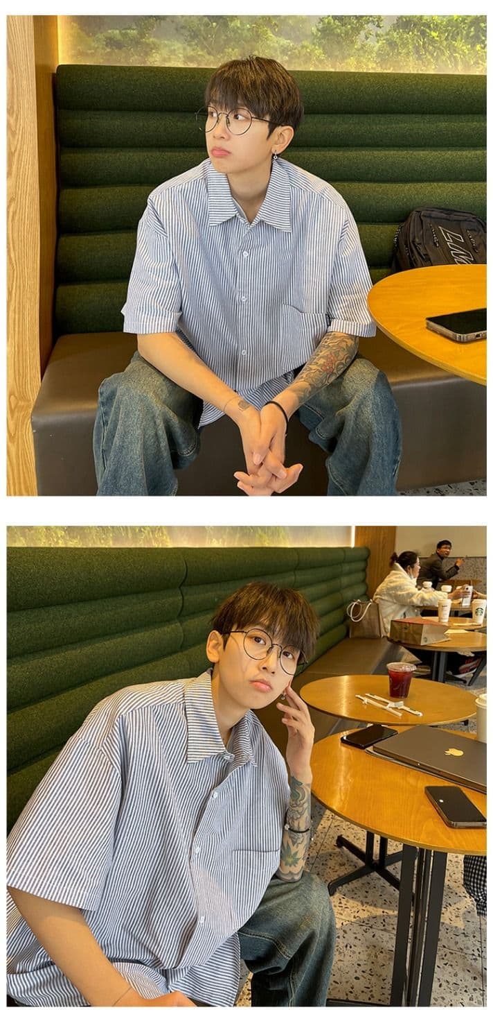 2026 새로운 디자인 센스 질감 센스 반팔 스트라이프 셔츠 남자 여름 느긋한 반소매 셔츠 작은 대중 맨위 상세 이미지 2