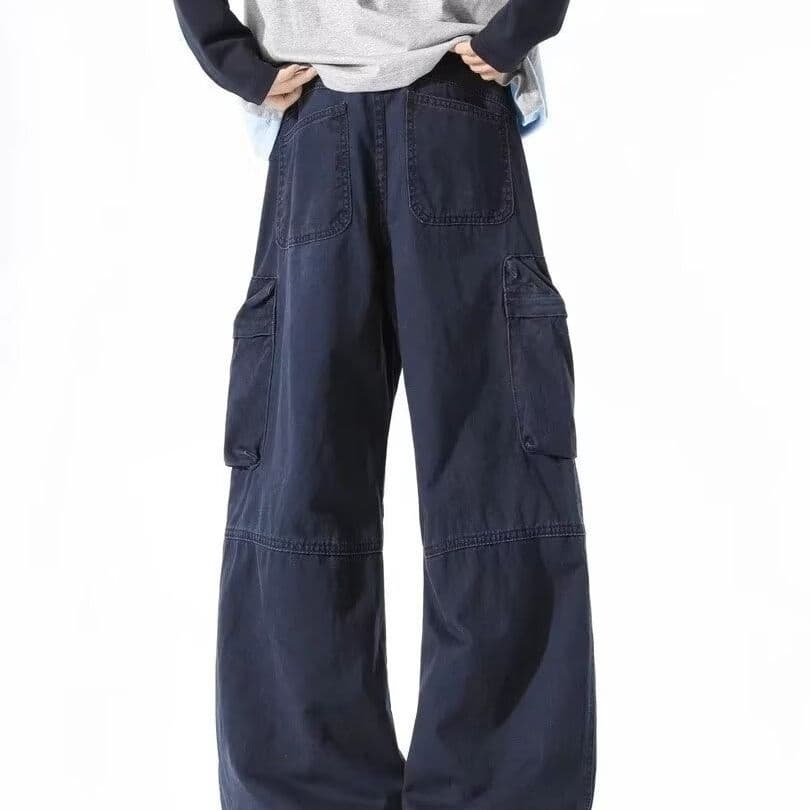 2026 아메리칸 레트로 블루 넓은 다리 워크웨어 팬츠 남자 봄 여름 디자인 센스 루즈핏 슬림해 보이는 기타 주머니 캐주얼 긴 바지