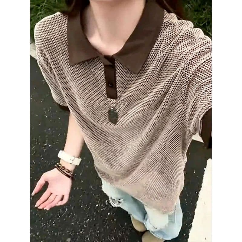 작은 대중 디자인 센스 폴로 칼라 패치워크 페이크 레이어드 POLO 셔츠 남자 반팔 여름 조수 브랜드 루즈핏 반소매 티셔츠 맨위 상세 이미지 5
