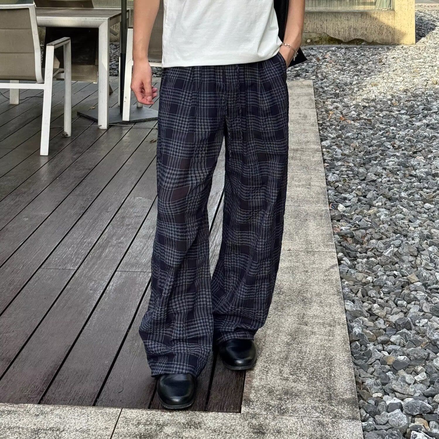 패션 하이웨이스트 스트라이프 모직 체크무늬 와이드 레그 팬츠 2026 새로운 봄 가을 루즈핏 스트레이트 파란색 캐주얼 바지 이미지 4