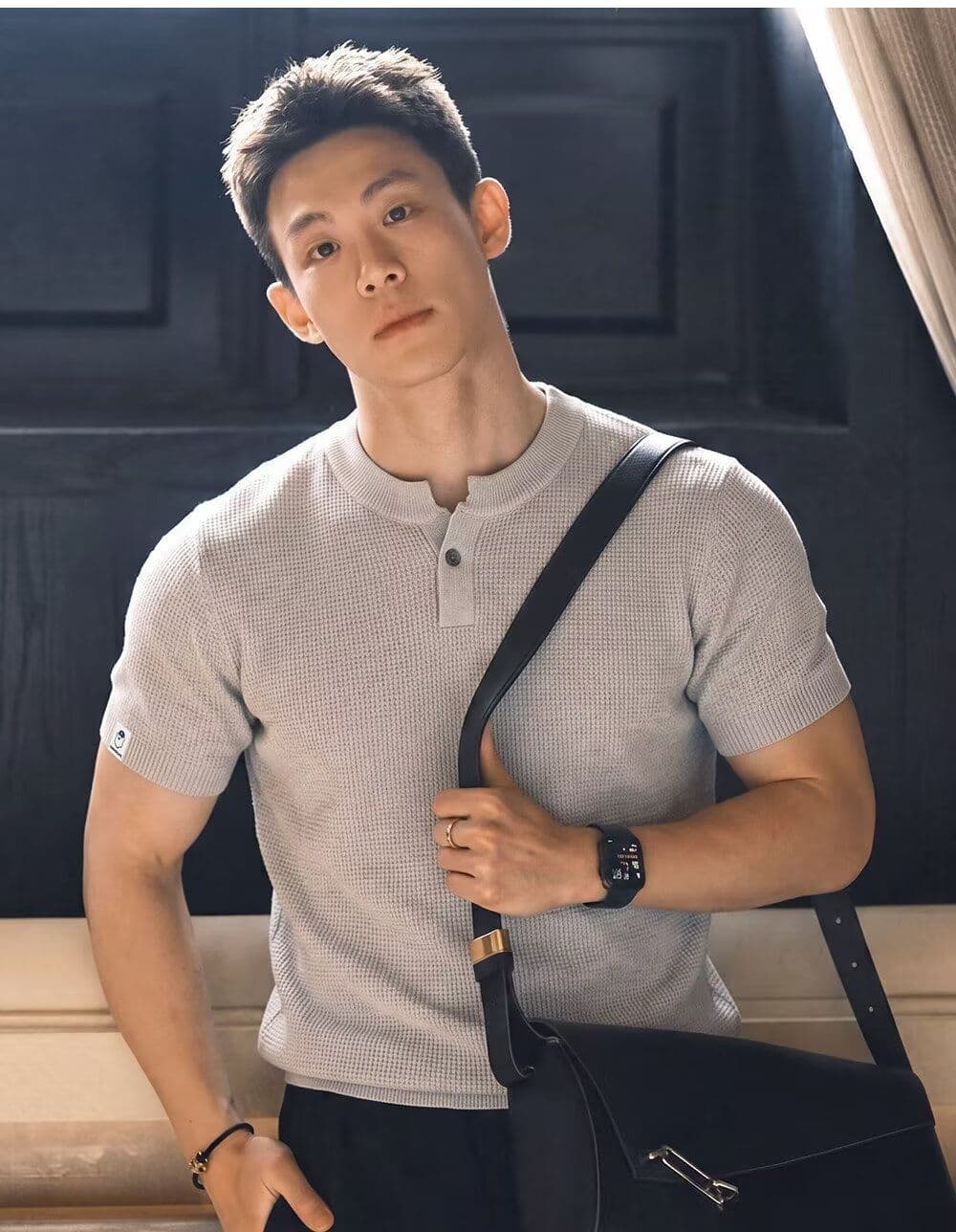 2026 새로운 여름 무거운 헨리 칼라 니트 스웨터 캐주얼 남성 반팔 티셔츠 아메리칸 기본 셔츠 남성 의류 반소매 t 상세 이미지 5