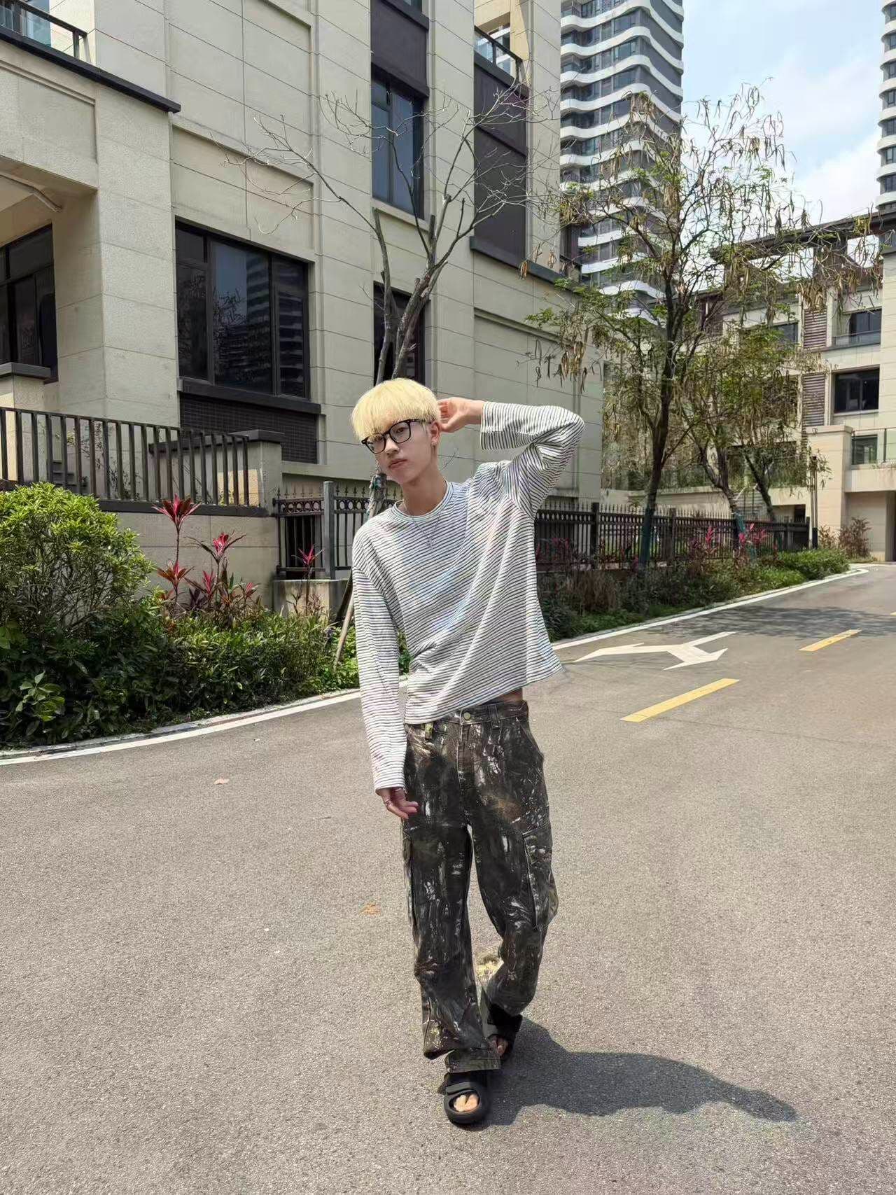 2026 새로운 무거운 순면 핀 스트라이프 긴팔 티셔츠 남녀 봄 가을 라운드 넥 루즈핏 맨위 상세 이미지 4