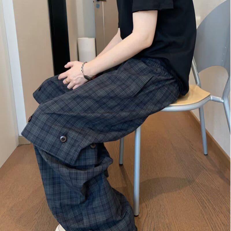 2026 아메리칸 레트로 도루 센스 바닥 청소 긴 바지 남자 루즈핏 넓은 다리 수 있습니다. 언 로딩 어둠 곡물 주름 체크무늬 캐주얼 바지