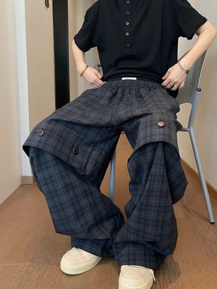 2026 아메리칸 레트로 도루 센스 바닥 청소 긴 바지 남자 루즈핏 넓은 다리 수 있습니다. 언 로딩 어둠 곡물 주름 체크무늬 캐주얼 바지 상세 이미지 11