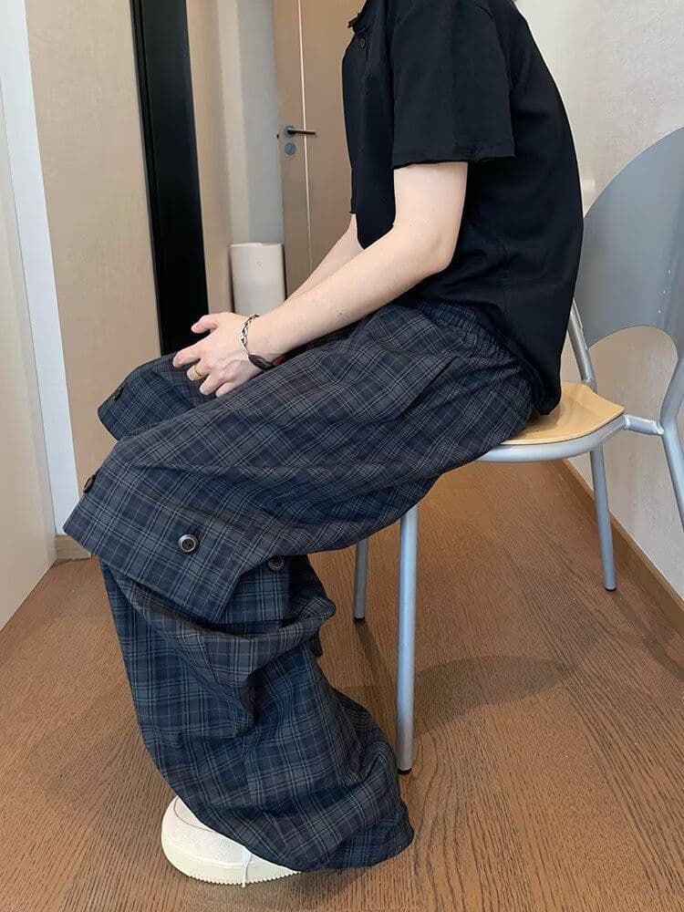 2026 아메리칸 레트로 도루 센스 바닥 청소 긴 바지 남자 루즈핏 넓은 다리 수 있습니다. 언 로딩 어둠 곡물 주름 체크무늬 캐주얼 바지 상세 이미지 12